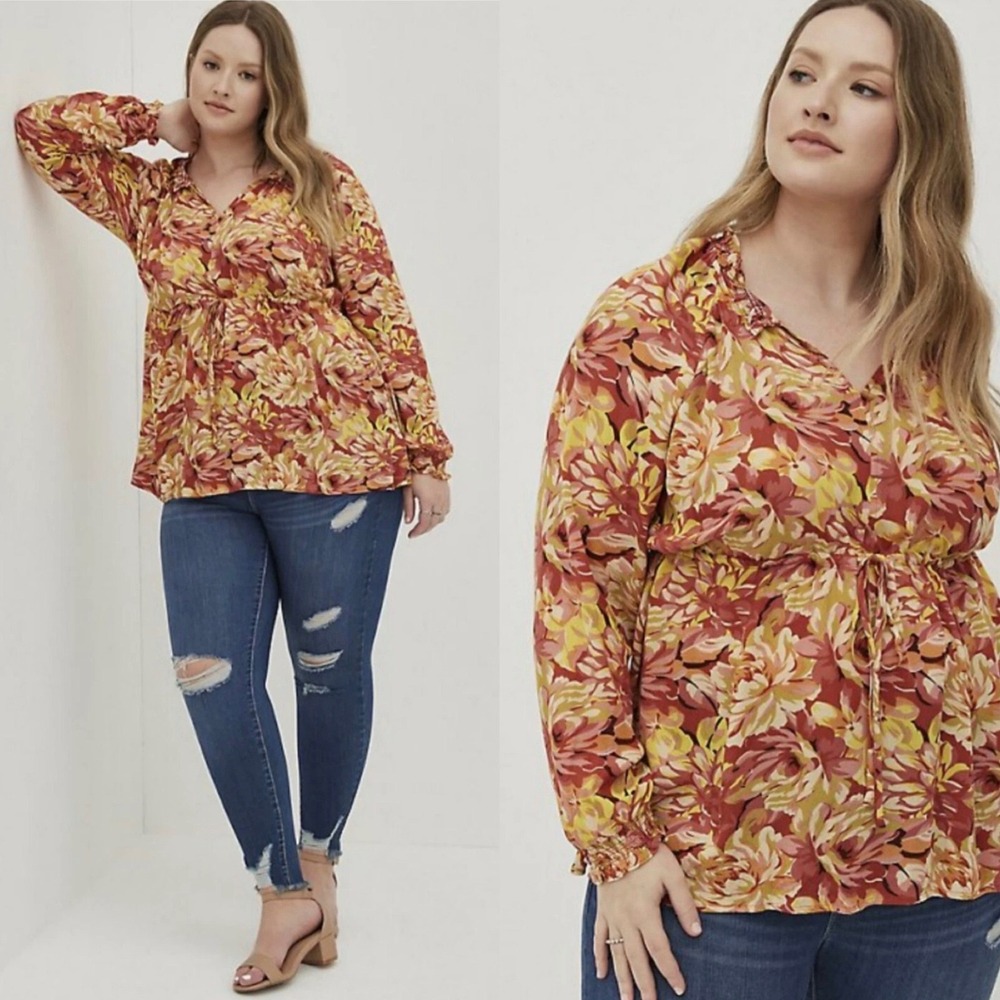 Torrid Esther Peasant Top Rust Floral Long Sleeve V-Neck Blouse Size 1X